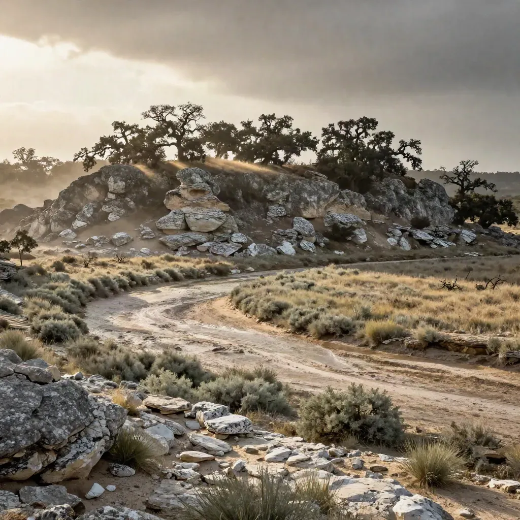 Storm-lit Texas limestone ridge above a misty dry river bend with live oaks