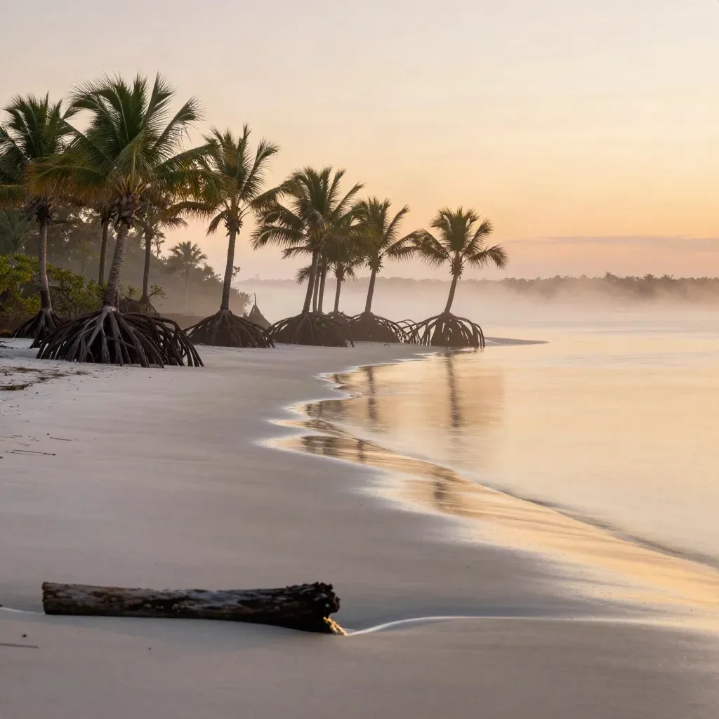 Florida mangroves and pastel tide flats at sunrise with mist and palm silhouettes.