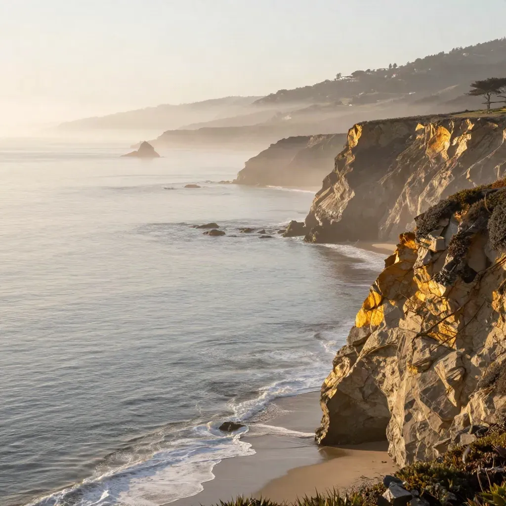 California cliffs above a misty coastline with calm open haze below for copy