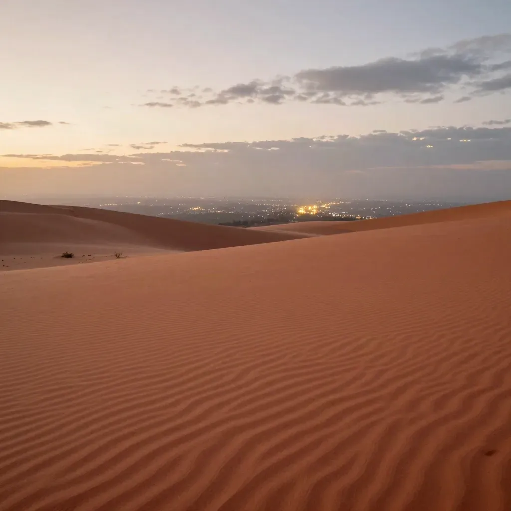 Dawn horizon of faint city lights over a calm terracotta plaster surface