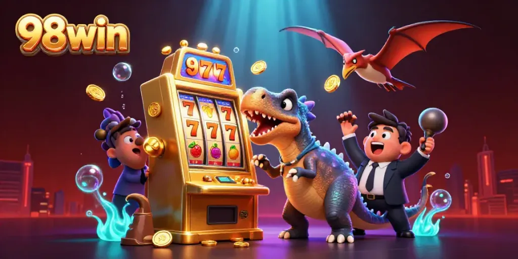 Experience the thrill of 98win as a dinosaur headbutts a slot machine for jackpot coins in a lively casino