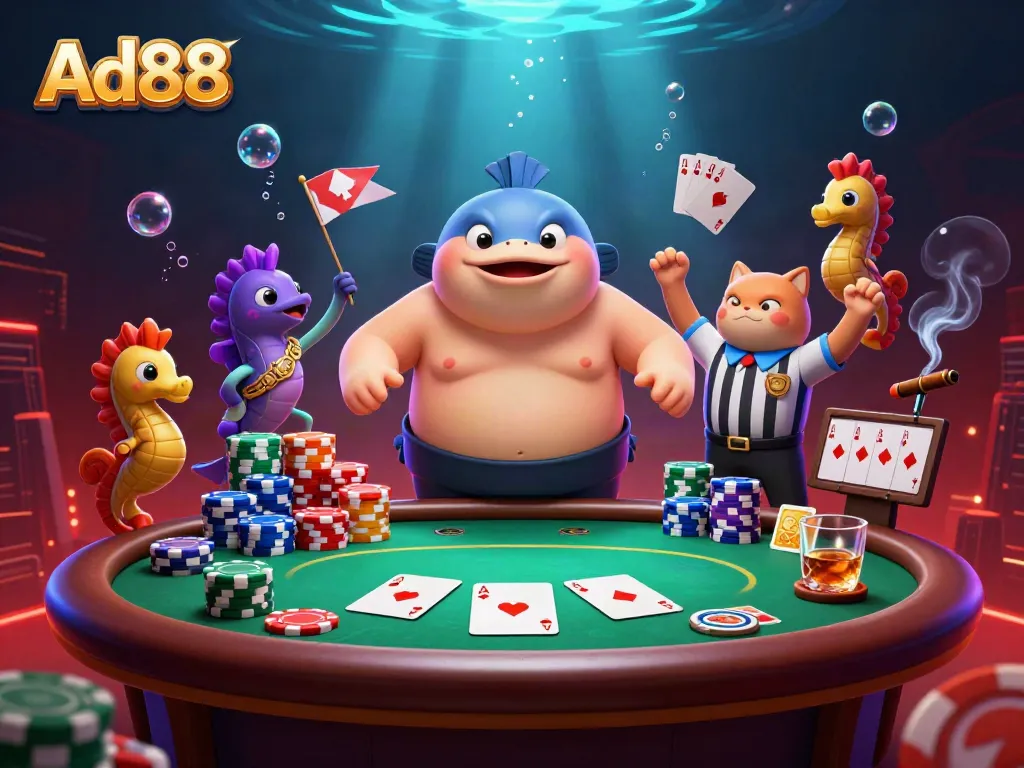 Ad88 stimulates excitement with a cartoon fugu and dynamic poker scene in an underwater ring.