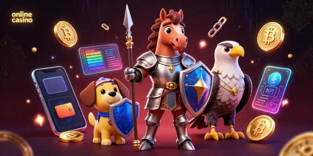 Experience the thrill of an online casino with a knight, squire puppy, and falcon amid crypto elements and gaming symbols.