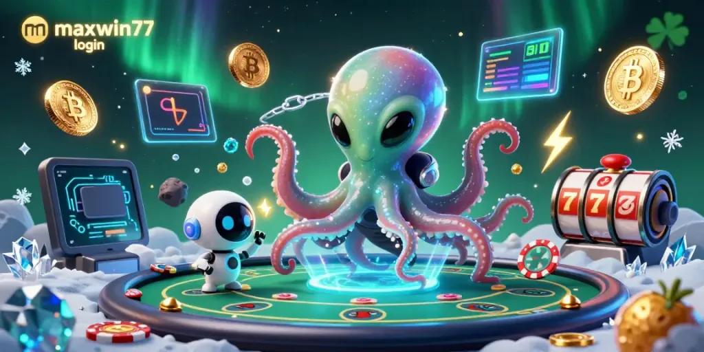 Engage with maxwin77 login at a vibrant 3D illustration featuring an alien octopus playing poker amidst floating crypto elements.