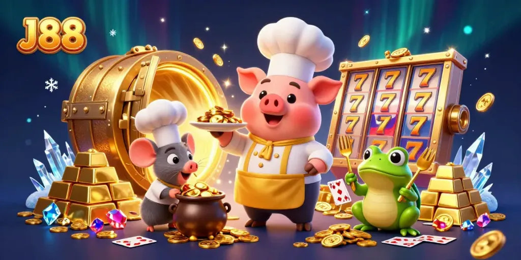 Engage with the J88 casino magic as a chef pig serves gold coins in a vibrant scene.