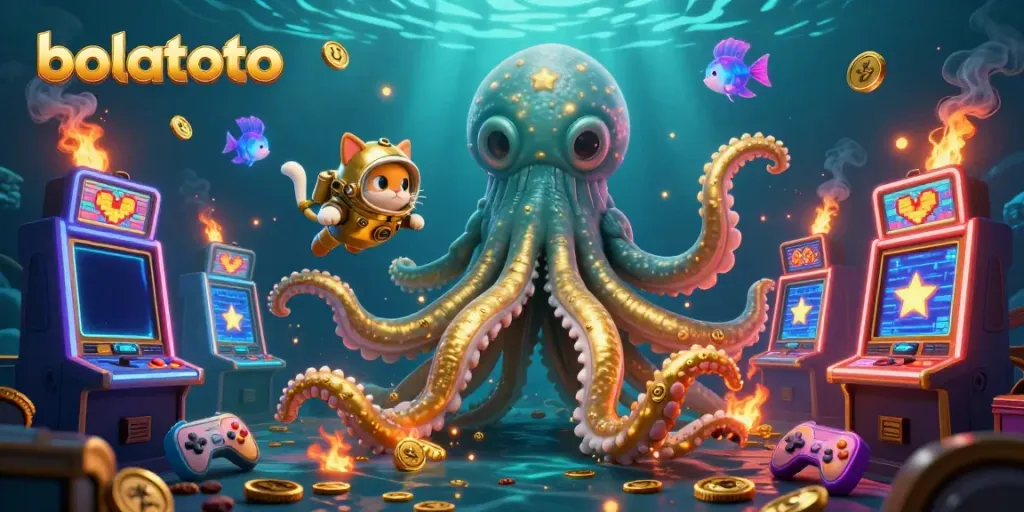 Experience excitement with bolatoto's vibrant 3D casino illustration, featuring a kraken and diving cat.