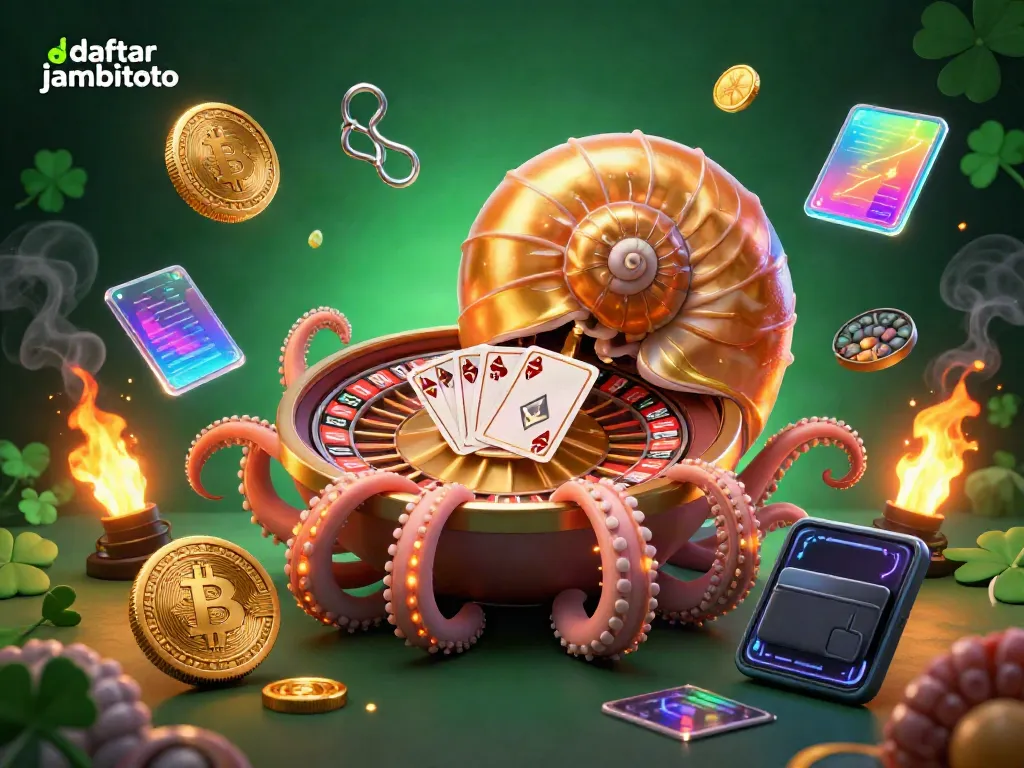 Engage in thrilling online gaming with daftar jambitoto showcasing vibrant cryptocurrency elements and an ancient nautilus theme.