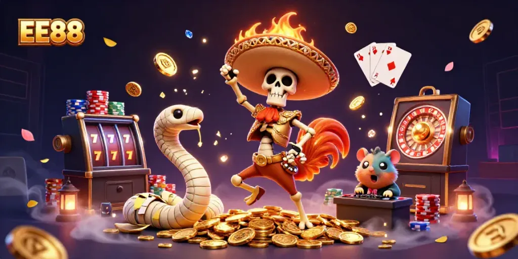 Experience the excitement of EE88 with colorful casino characters amidst golden coins and vibrant gaming elements