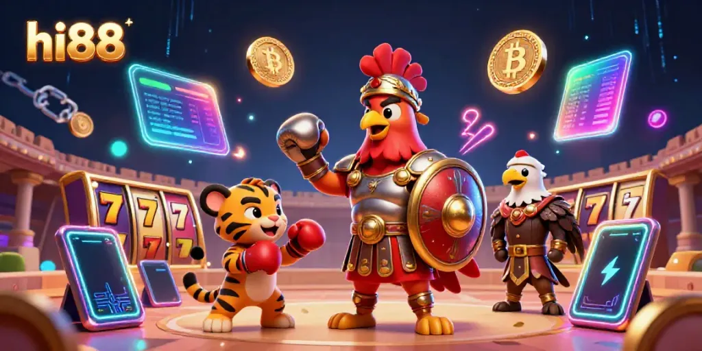 Engage with hi88's vibrant gaming experience featuring 3D cartoon characters in an interactive casino scene.