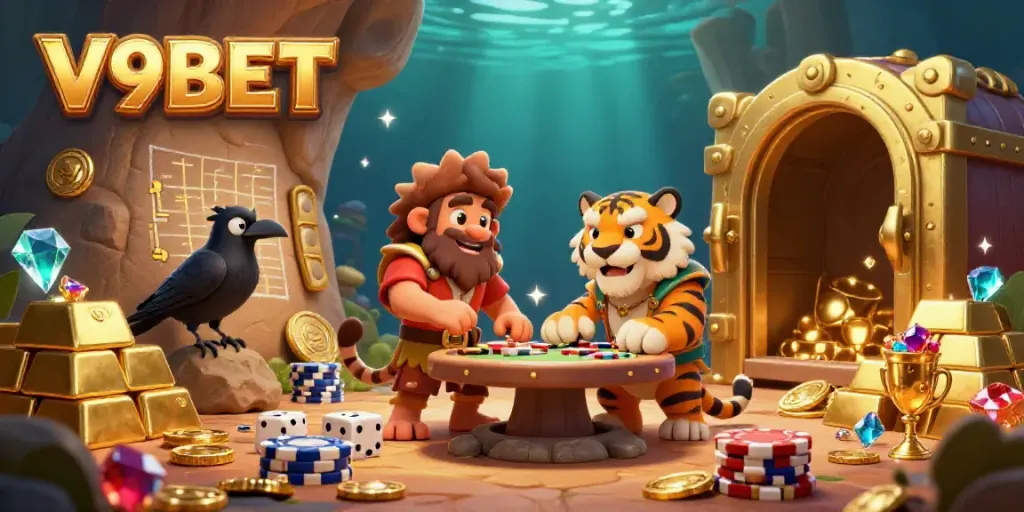 Experience thrilling gameplay at V9BET's prehistoric casino with sparkling treasures and animated characters.