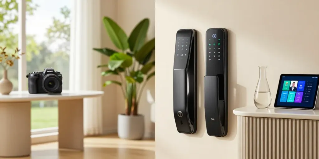 Showcasing a variety of قفل هوشمند in a stylish home entrance, highlighting modern security features.