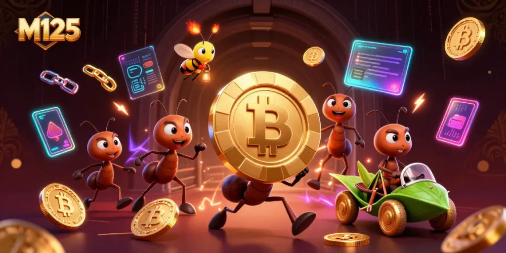 M125 showcases a team of animated ants conducting a heist, symbolizing excitement in online gambling.