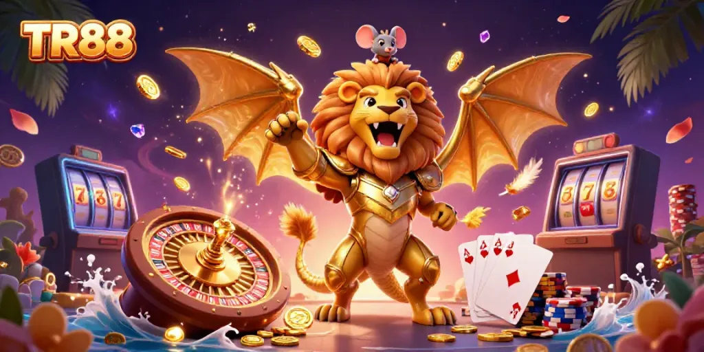 Engage with TR88 in a vibrant casino action scene featuring golden coins and dynamic game elements.