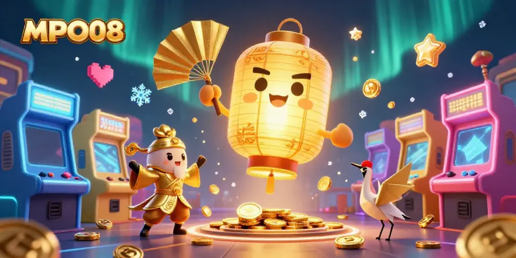 MPO08 engages players with a vibrant 3D casino scene featuring a golden lantern spirit above colorful arcade machines.