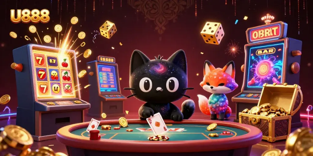 U888's cosmic casino scene showcases a black hole cat drawing in chips and cards amidst vibrant gaming elements.