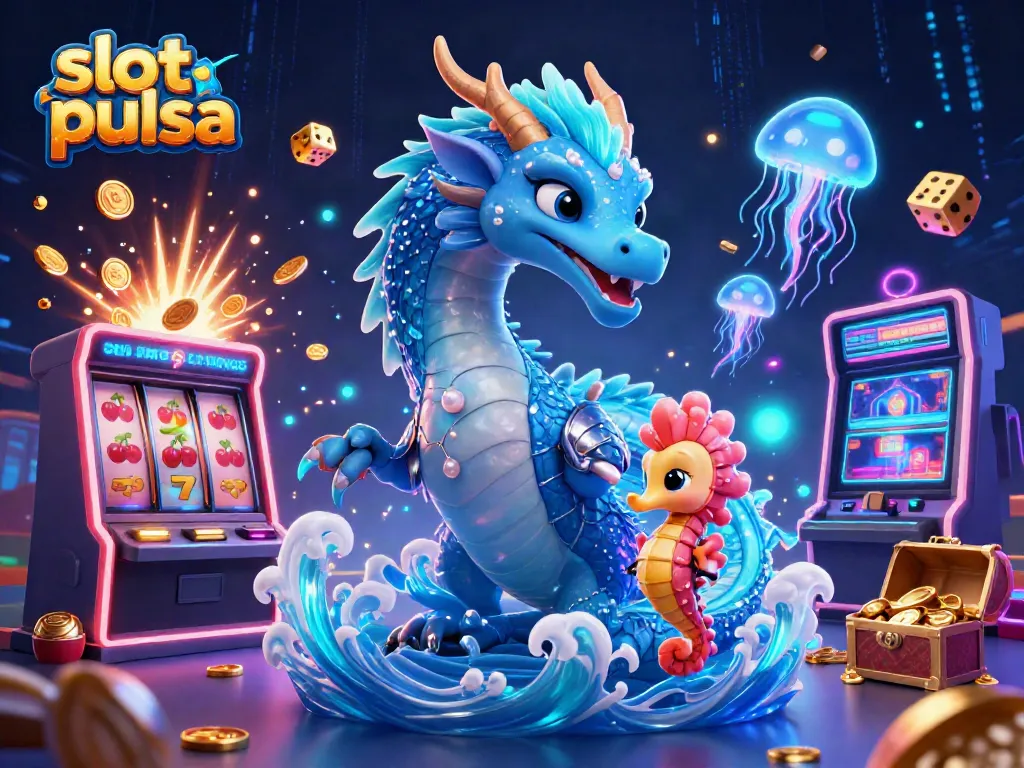 Slot pulsa diilustrasikan dengan naga air berwarna biru dan mesin slot dalam suasana magis.