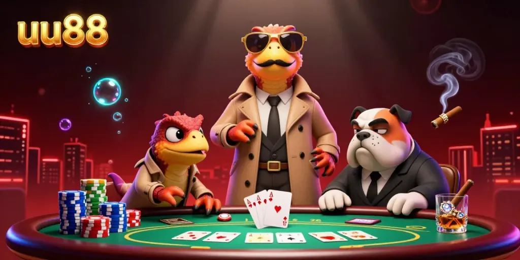 Experience the excitement of uu88 with cartoon raptors infiltrating a casino, surrounded by vibrant poker elements.