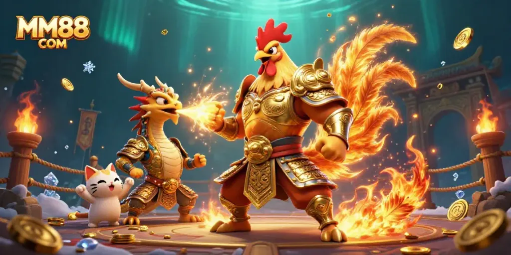 Engage in the excitement of MM88 COM with a dynamic 3D illustration of fighting heroes in a vibrant arena.