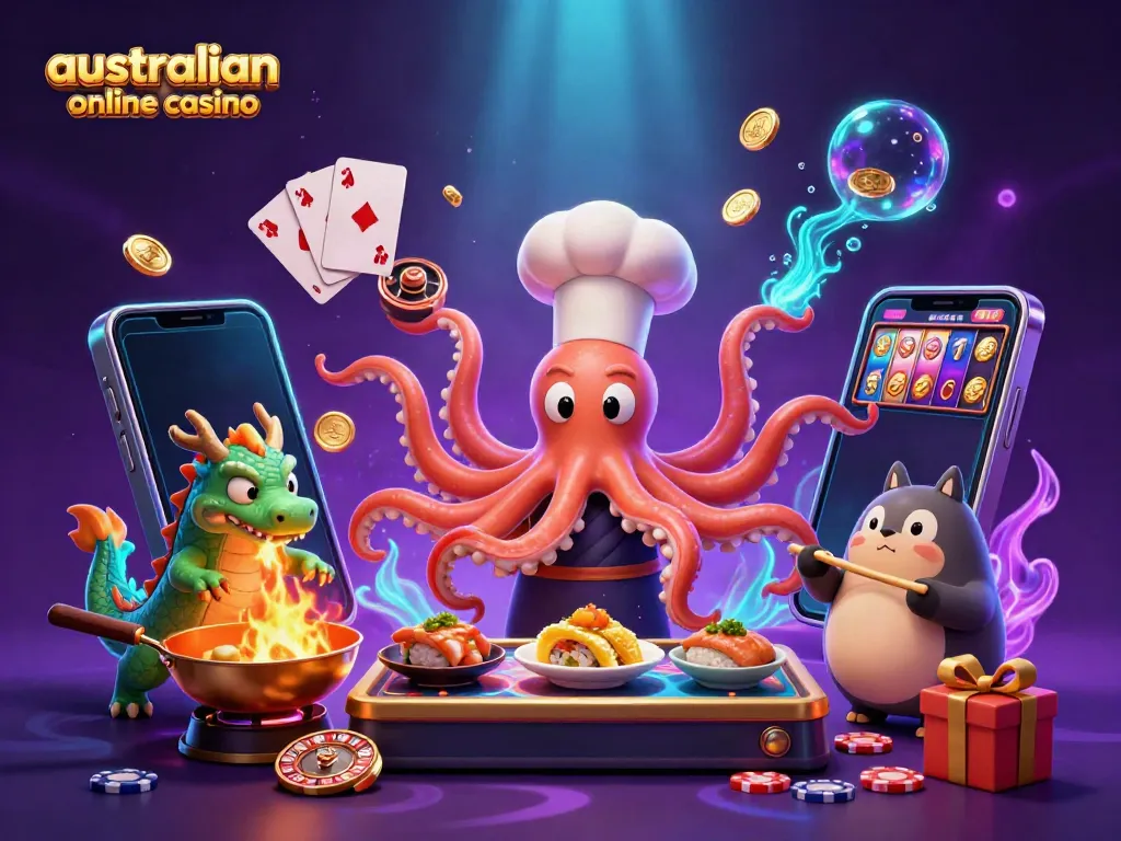 Engage with the vibrant scene of an australian online casino showcasing games and colorful characters.