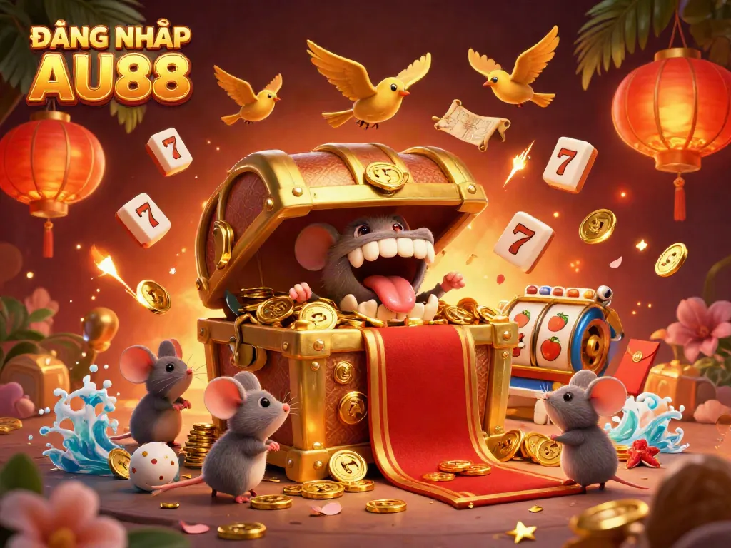 Experience the thrill of ĐĂNG NHẬP AU88 with an exciting 3D illustration of a golden treasure chest and slot symbols.