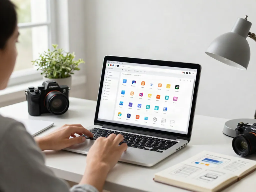 User navigating a curated 사이트모음 collection in a modern home office environment.