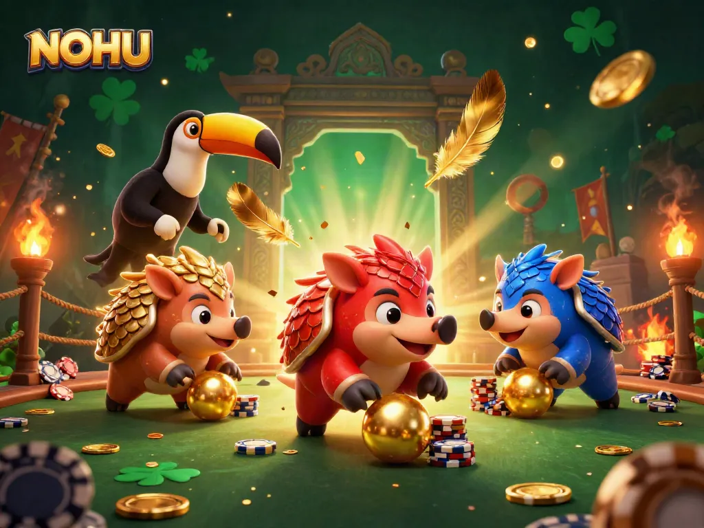 Engaging NOHU scene with rival pangolins battling through casino chips and gold, capturing the essence of excitement.