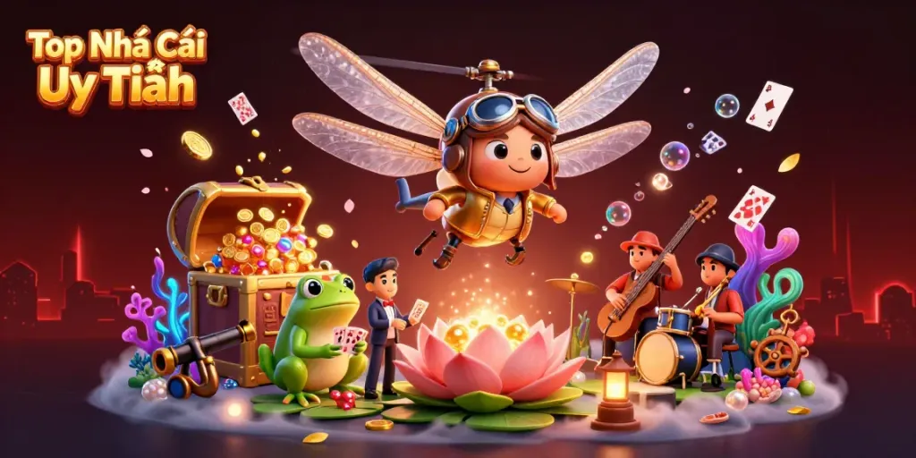 Play cards and win at Top Nhà Cái Uy Tín with an exciting casino scene featuring a dragonfly pilot and frog dealer.