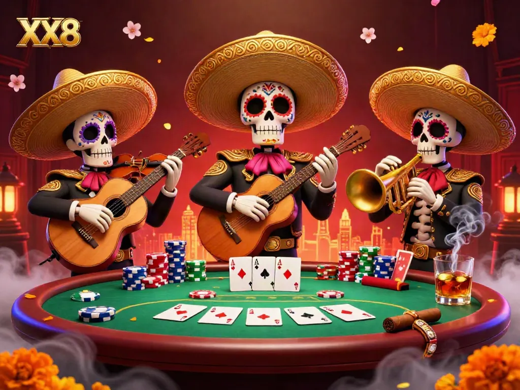 Experience the excitement of XX8 as mariachi skeletons engage in poker amidst vibrant decorations and dynamic gameplay.