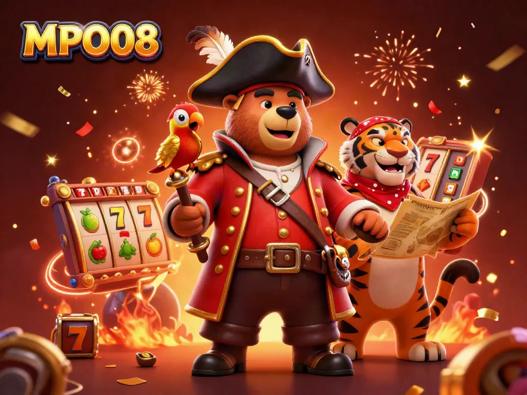 Experience MPO08's vibrant casino scene featuring cartoon characters surrounded by engaging game elements.