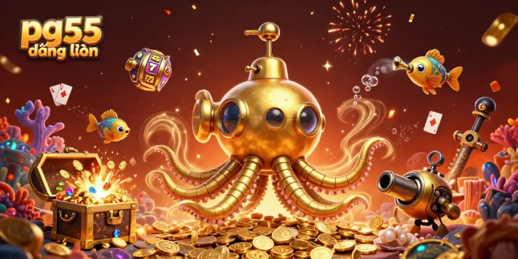 Win big with pg55 đăng nhập in this immersive casino adventure featuring a golden kraken among slot reels and treasures.
