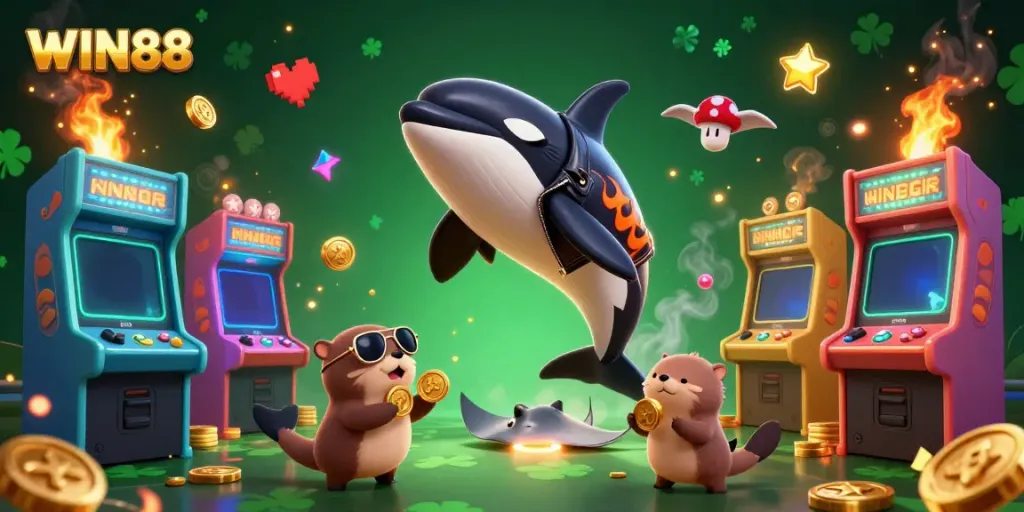 Experience the vibrant excitement of WIN88 with cartoon characters in a colorful casino scene.