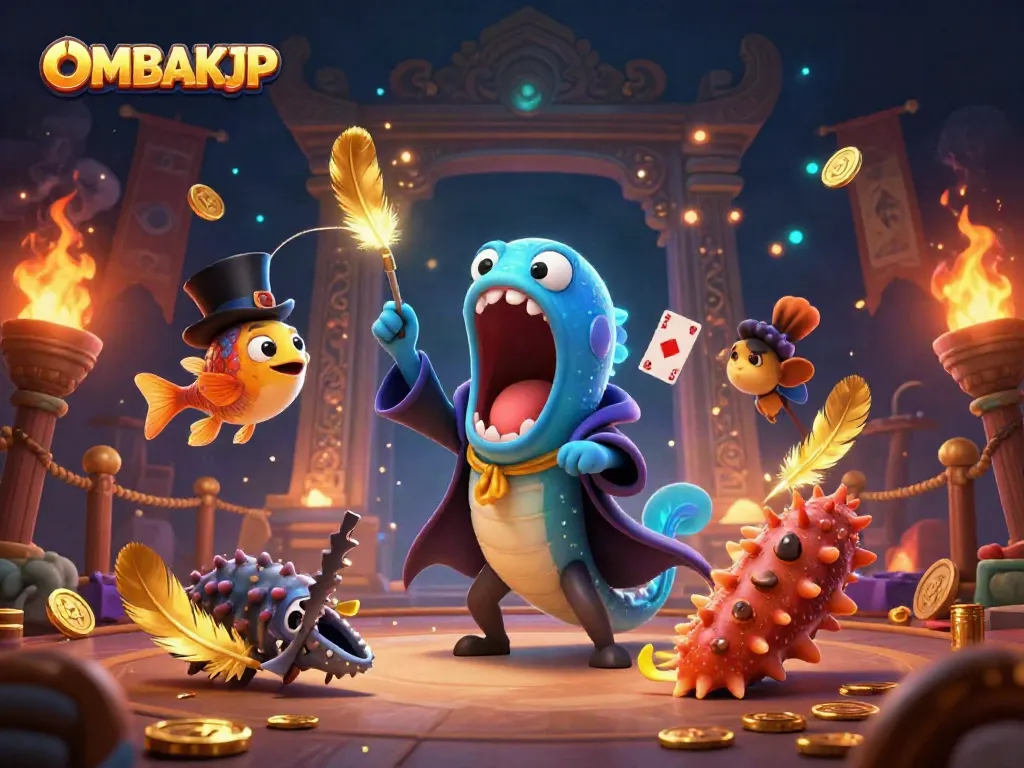 OMBAKJP showcases a magical scene with a bioluminescent eel performing tricks among dynamic casino elements.