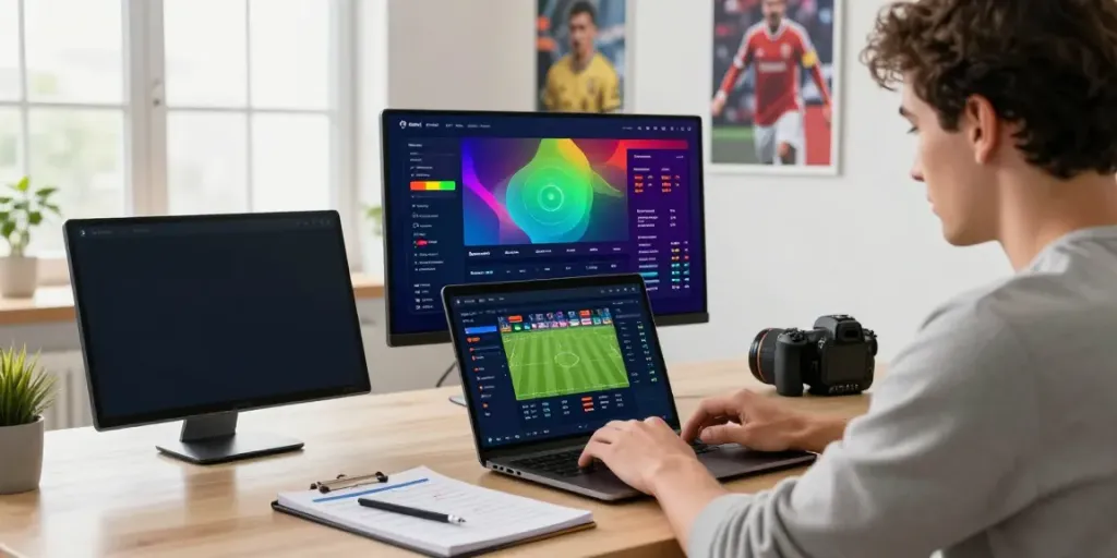 WWBOLA betting platform user analyzing soccer match statistics in a bright home office