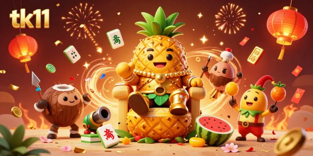 Engage with the vibrant casino scene featuring tk11-themed characters, symbols, and festive elements.