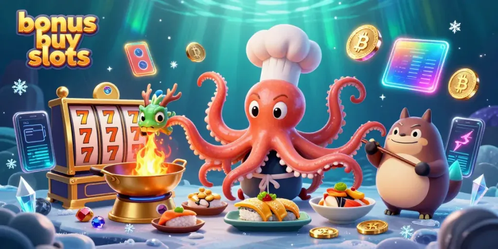 Engage with bonus buy slots featuring a sushi chef octopus and lucky symbols in a vibrant casino scene.