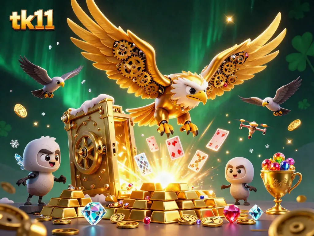 Experience thrilling gaming action with the striking tk11 golden eagle amidst jewels and cards.