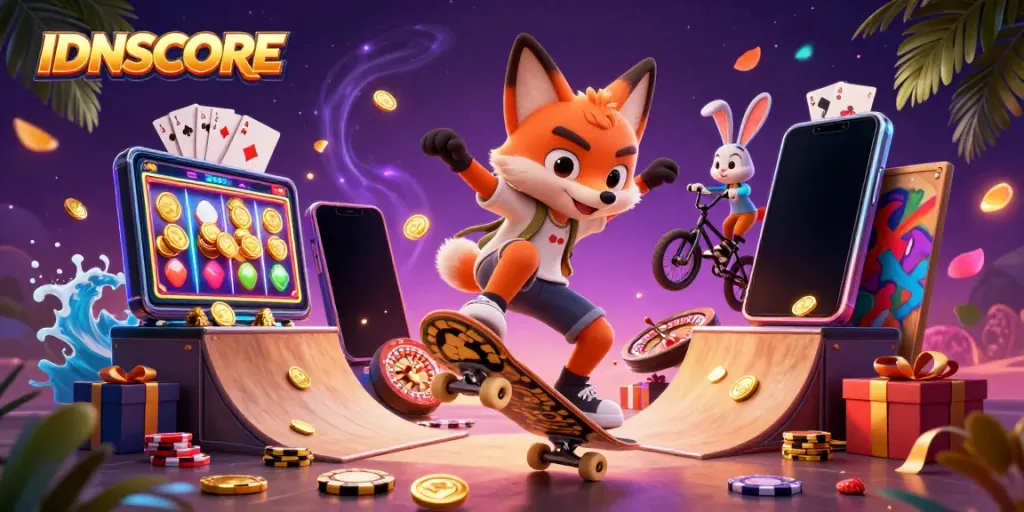 Experience thrilling online gaming with IDNSCORE featuring a skateboard fox and BMX rabbit in action.