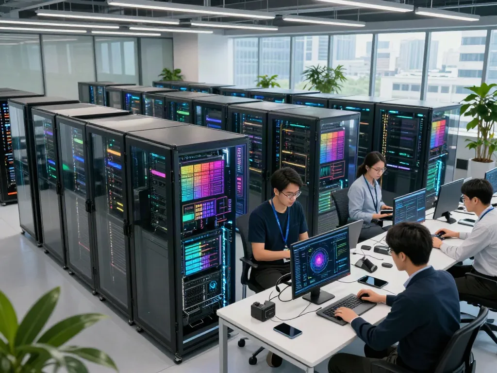 AI infrastructure workspace featuring engineers collaborating with GPUs and performance analytics.