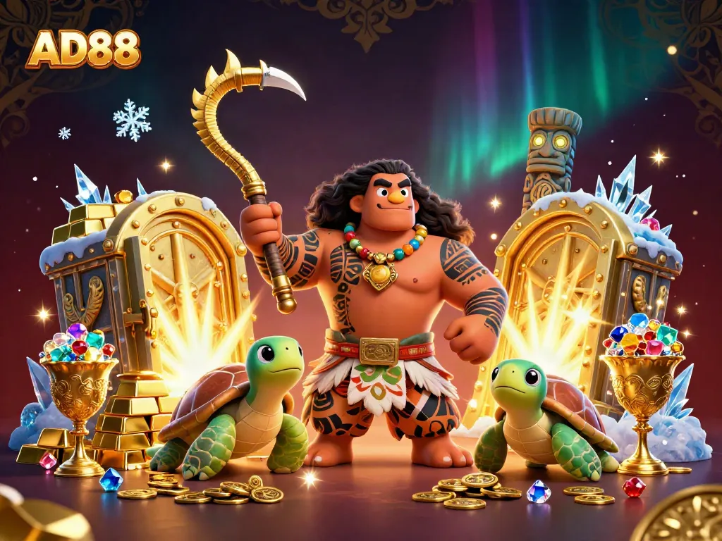 Join the adventure with AD88 as a hawk and turtle explore a treasure-filled casino world.