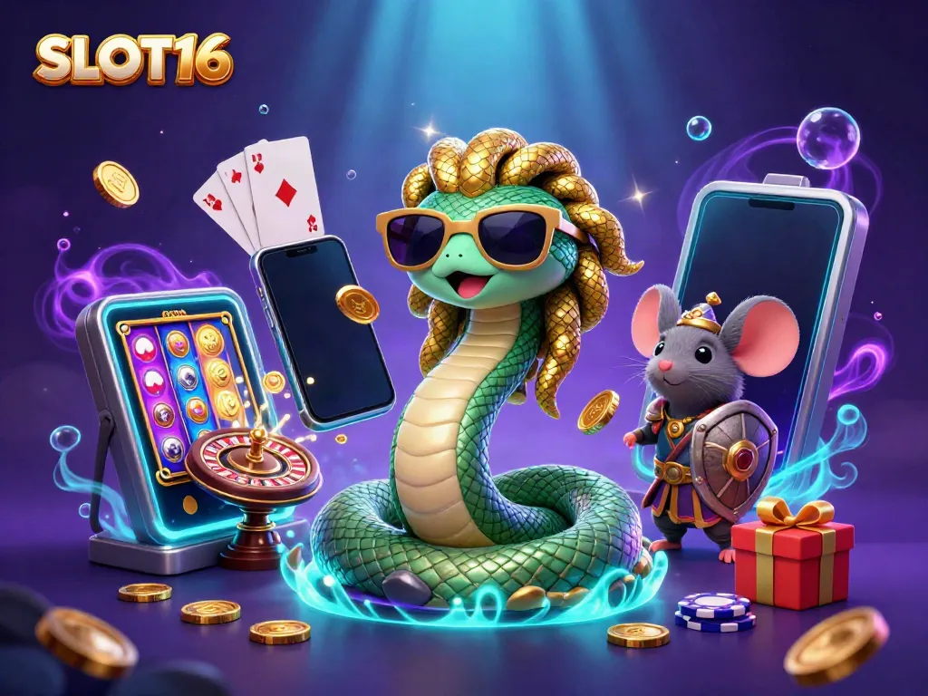SLOT16 showcases a vibrant 3D casino scene with Medusa and a warrior mouse alongside a colorful slot game.