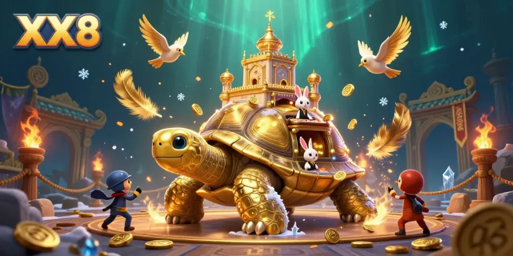 Engage with the exciting features of XX8 in a vibrant 3D casino scene full of lively characters and atmospheric effects.