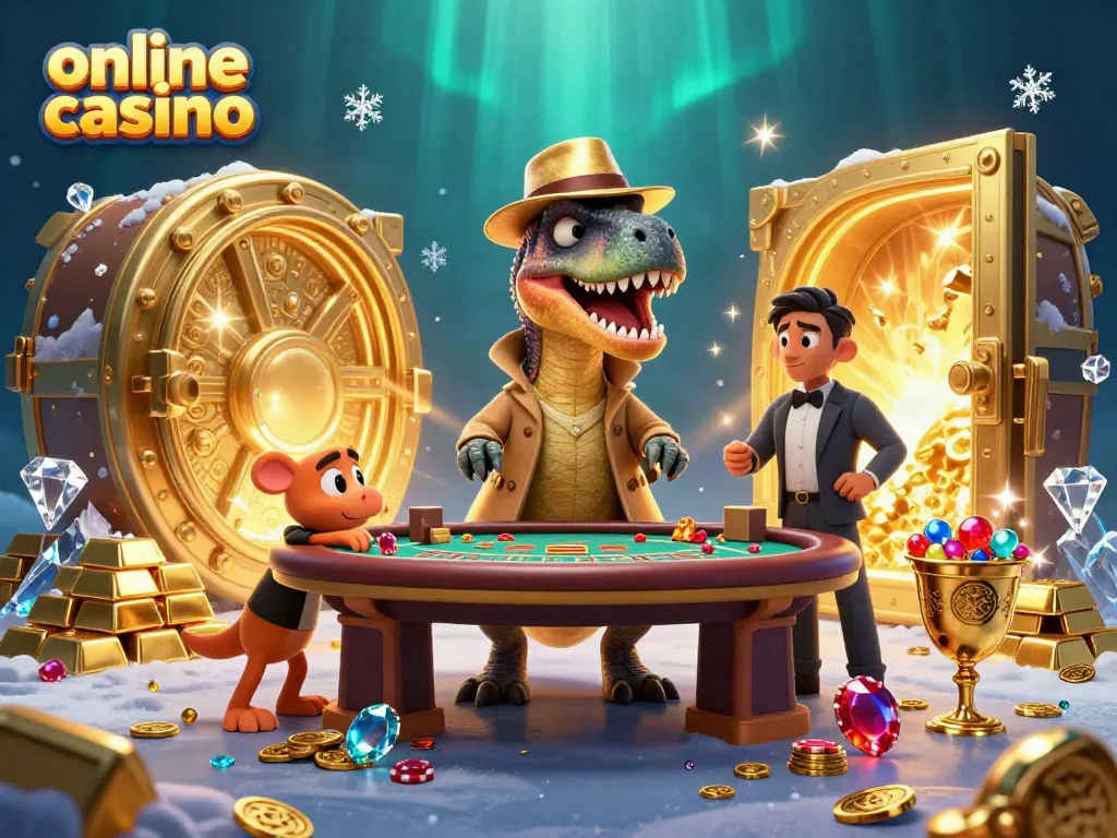 Experience the excitement of the online casino as a velociraptor card counter interacts with a stegosaurus pit boss.