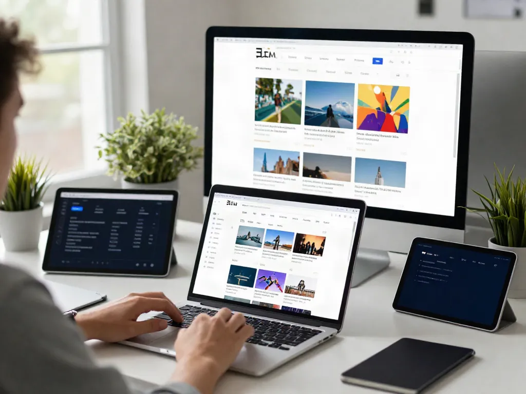 Ideal workspace setup for managing 사이트모음 with multiple devices showing web links.