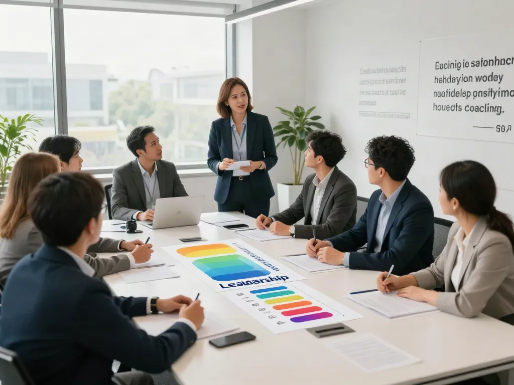Executive coaching Connecticut session in modern corporate office with diverse managers collaborating on leadership.