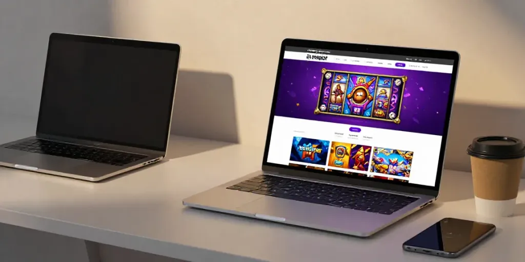 pesgslot gaming platform interface displayed on a modern laptop with vibrant game thumbnails.