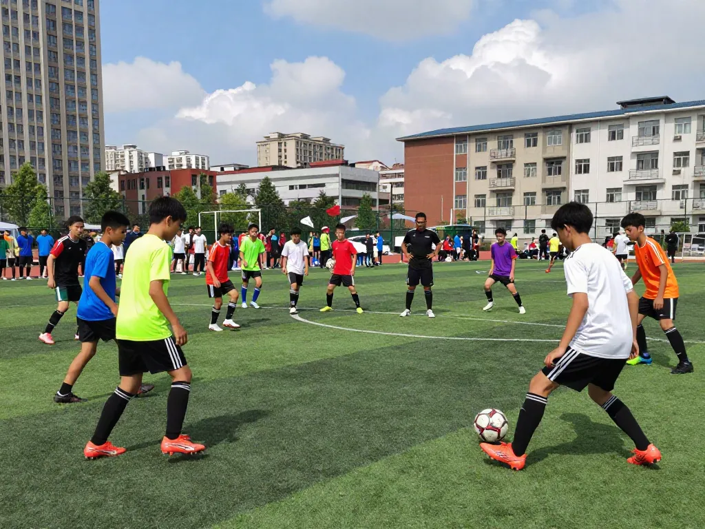 TOP10 นักเตะ in an urban soccer scene with young athletes practicing football skills, conveying energy and teamwork.