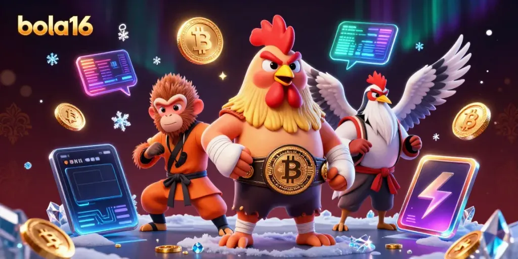 Experience thrilling action with bola16, illustrated by a Muay Thai rooster and a Shaolin monkey in a rich casino scene