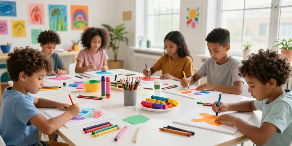 Group of artists and children creating art with crayon products in a bright studio, showcasing the offerings of a crayon manufacturer.