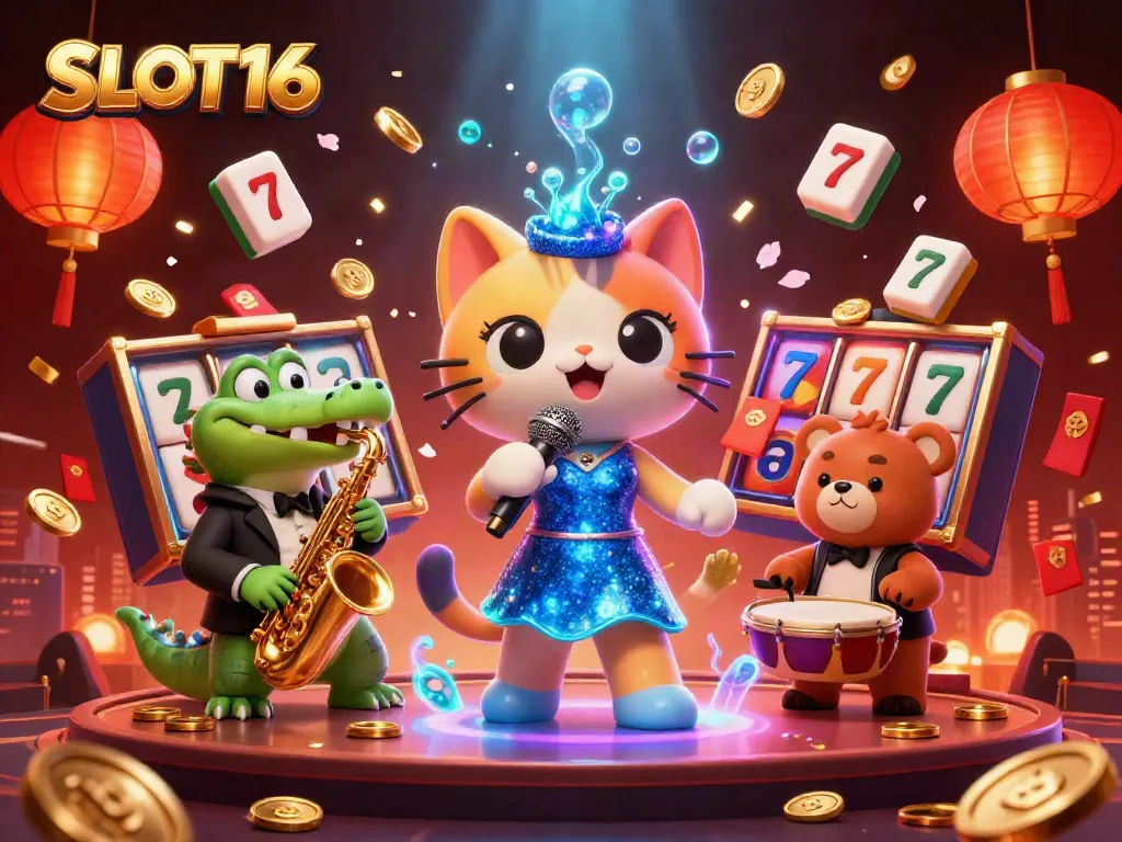 SLOT16 characters performing with slot reels, mahjong tiles, and fireworks, creating a vibrant casino atmosphere.