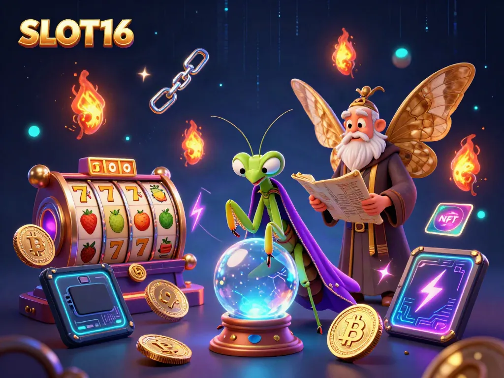 Experience SLOT16's exciting gaming with a whimsical scene of characters using slot machines and mystical elements.